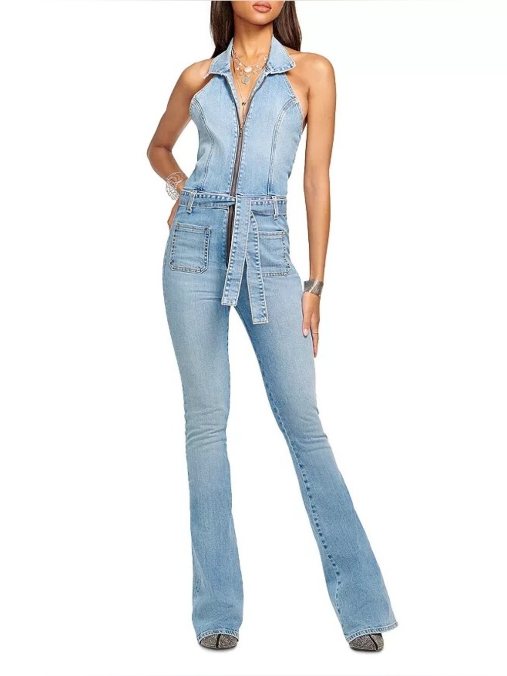 Ramy Brook Light Blue Denim Halter Flared Jumpsuit